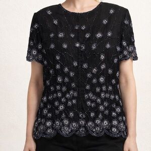 Papell Boutique Evening Vintage Black Silk Blouse Beaded Floral Sz XL Scalloped
